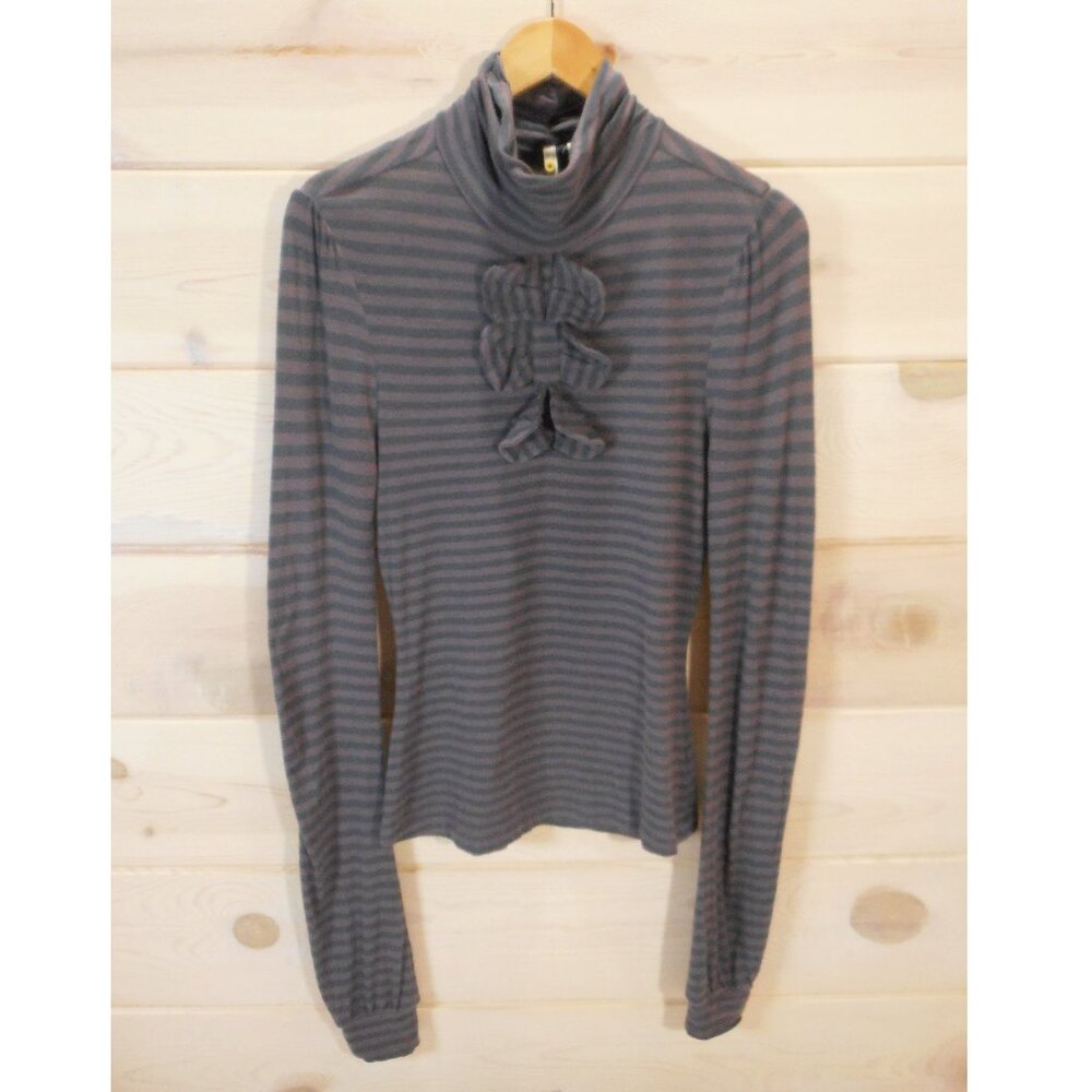 Anthropologie Little Yellow Button Women’s Sz S Striped Turtleneck Top Bows